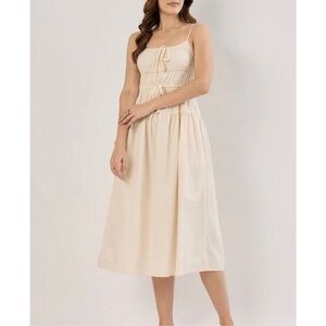 Sim & Sam Ecru Tie Front Milkmaid Linen Poplin Midi Dress Small Cottage